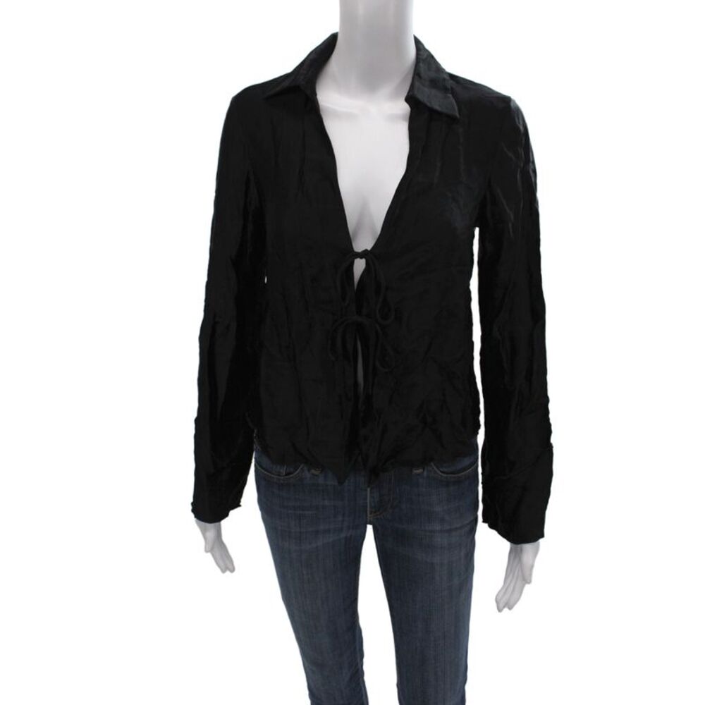 Zara Women Basic Collared Black Viscose Blouse Tie Long Sleeve Size S